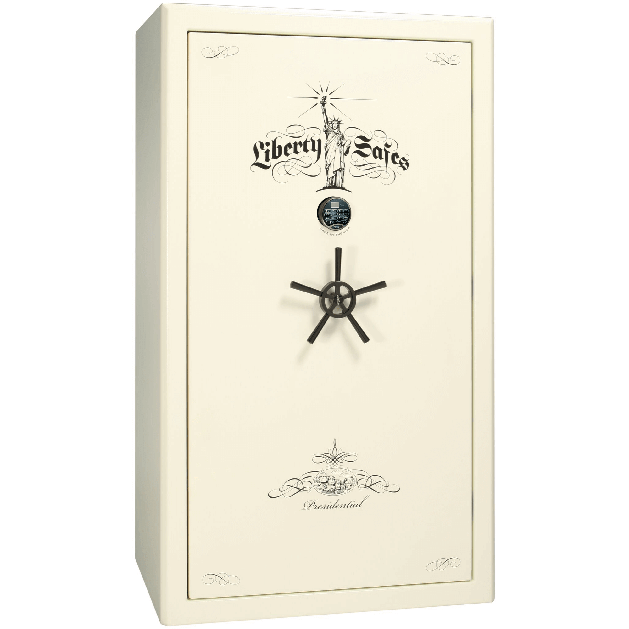 Presidential Series | Level 8 Security | 2.5 Hours Fire Protection | 50 | Dimensions: 72.5"(H) x 42.25"(W) x 27.75"(D*) | White Marble | Black Chrome Hardware | Electronic Lock