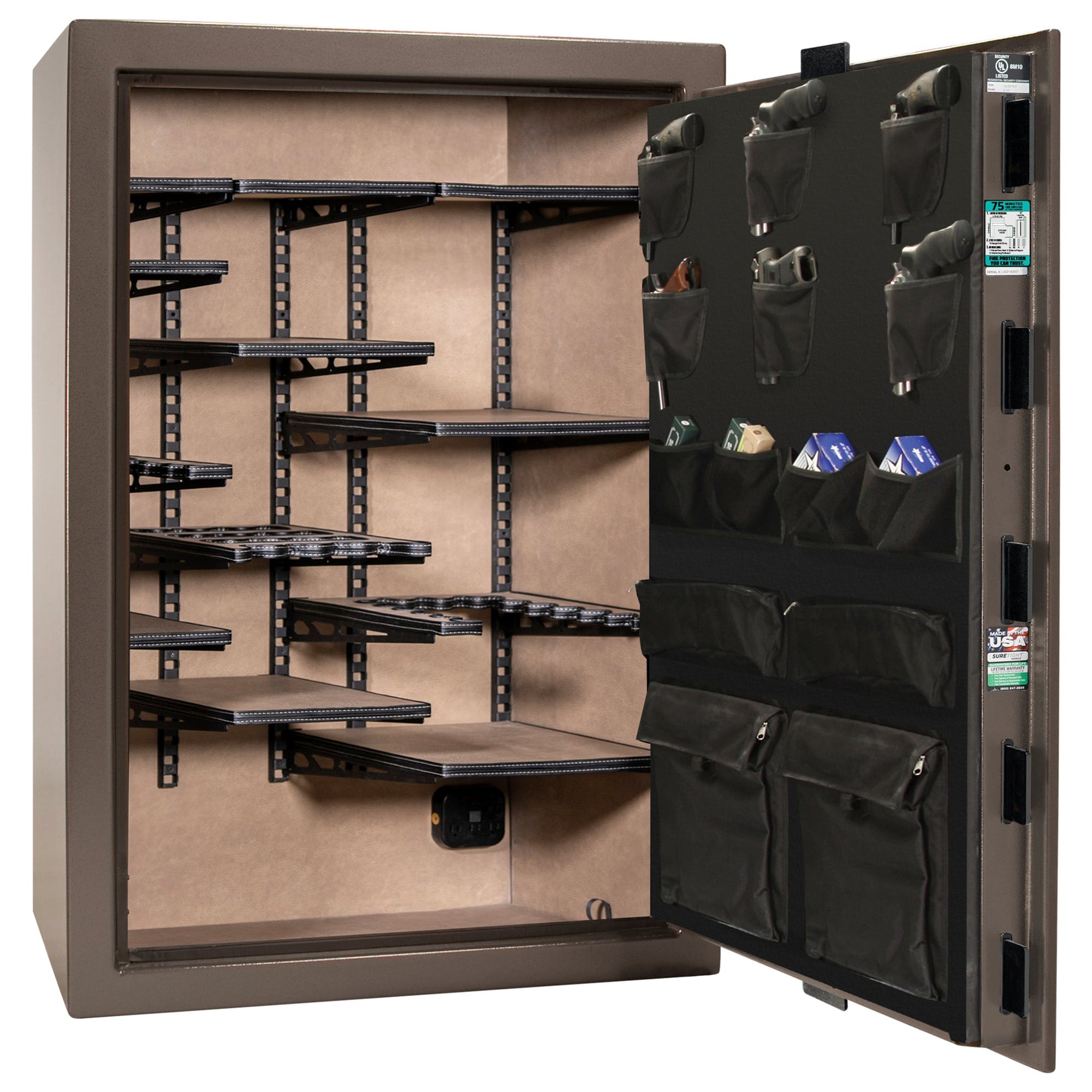 Colonial 35 | Pro Flex Interior | Level 4 Security | 75 Minute Fire Protection | Dimensions: 60.5"(H) x 42"(W) x 22"(D) | Up to 45 Long Guns | Bronze Textured | Mechanical Lock – Open